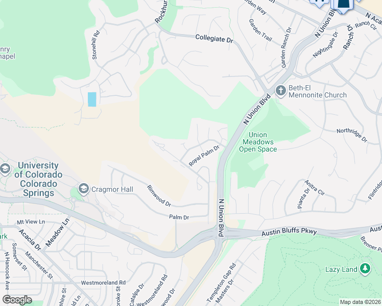map of restaurants, bars, coffee shops, grocery stores, and more near 4452 University Oaks Place in Colorado Springs