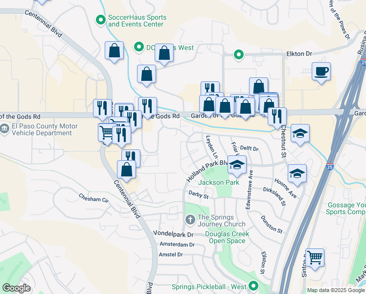 map of restaurants, bars, coffee shops, grocery stores, and more near 4301 Forrest Hill Road in Colorado Springs