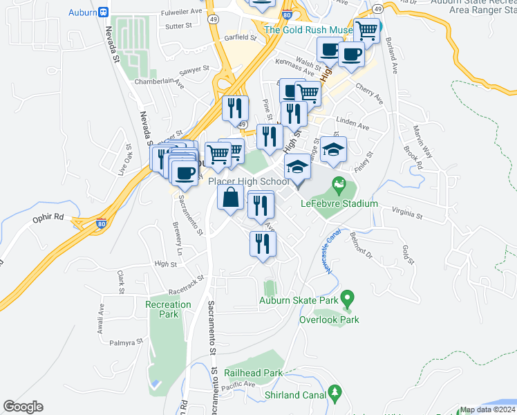 map of restaurants, bars, coffee shops, grocery stores, and more near 1223 High Street in Auburn