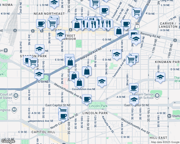 map of restaurants, bars, coffee shops, grocery stores, and more near 101 Independence Avenue Southeast in Washington