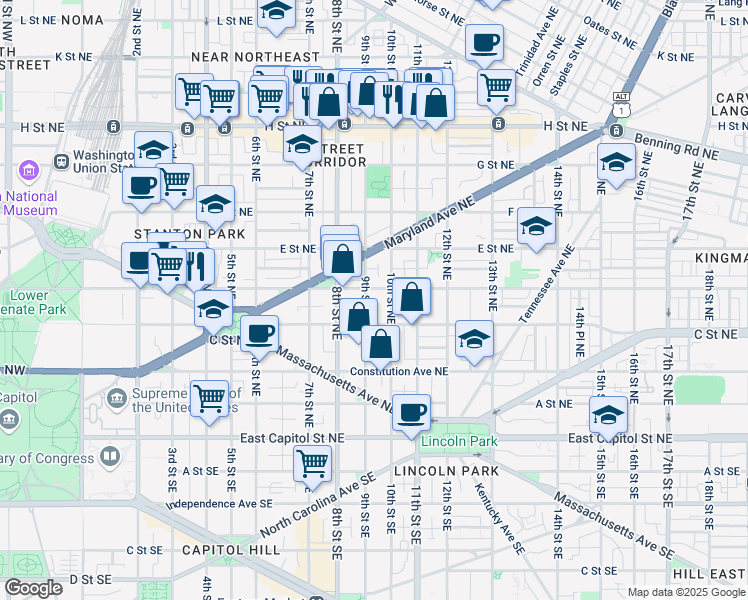 map of restaurants, bars, coffee shops, grocery stores, and more near 101 Independence Avenue Southeast in Washington