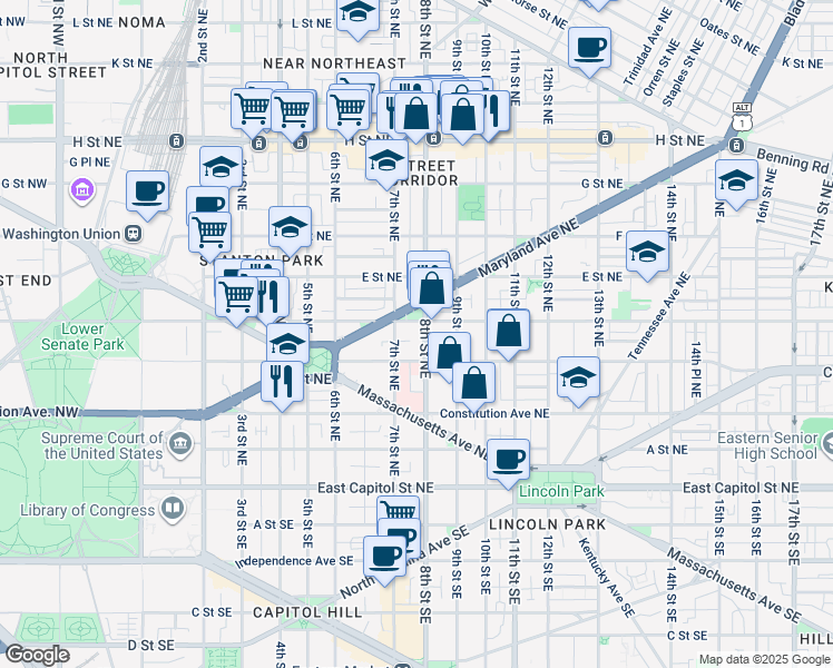 map of restaurants, bars, coffee shops, grocery stores, and more near 101 Independence Avenue Southeast in Washington