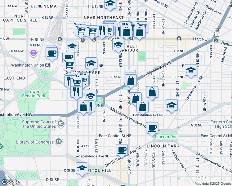map of restaurants, bars, coffee shops, grocery stores, and more near 101 Independence Avenue Southeast in Washington