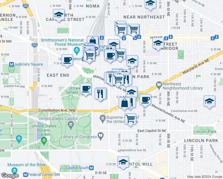 map of restaurants, bars, coffee shops, grocery stores, and more near 101 Independence Avenue Southeast in Washington