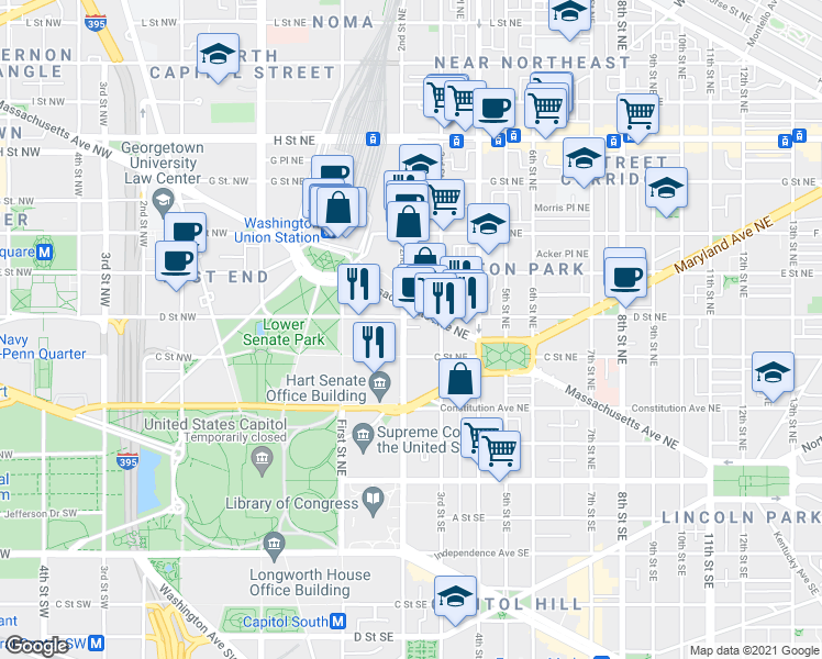 map of restaurants, bars, coffee shops, grocery stores, and more near 101 Independence Avenue Southeast in Washington