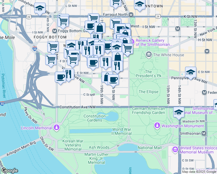 map of restaurants, bars, coffee shops, grocery stores, and more near 101 Independence Avenue Southeast in Washington