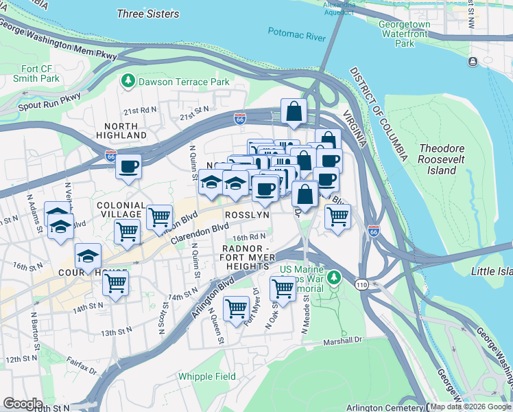 map of restaurants, bars, coffee shops, grocery stores, and more near 1500 Wilson Boulevard in Arlington