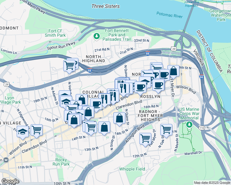 map of restaurants, bars, coffee shops, grocery stores, and more near 101 Independence Avenue Southeast in Washington