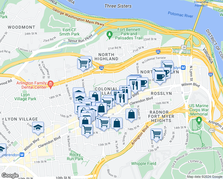 map of restaurants, bars, coffee shops, grocery stores, and more near 101 Independence Avenue Southeast in Washington