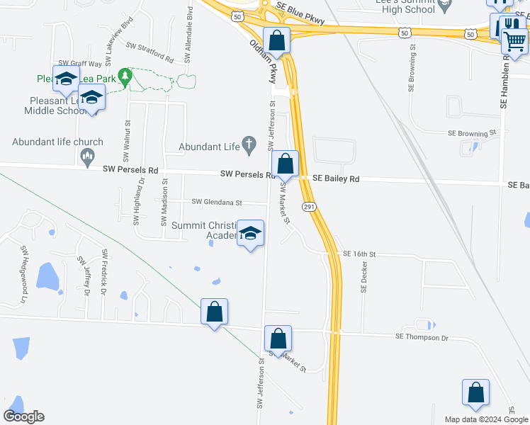 map of restaurants, bars, coffee shops, grocery stores, and more near 1320 Southwest Market Street in Lee's Summit