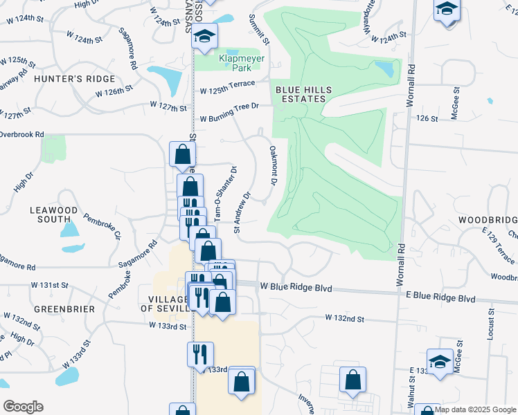 map of restaurants, bars, coffee shops, grocery stores, and more near 12812 Oakmont Drive in Kansas City
