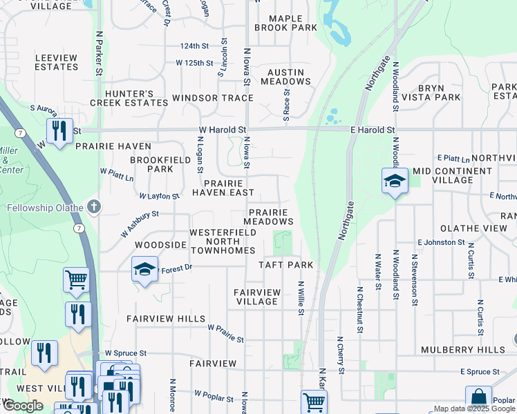 map of restaurants, bars, coffee shops, grocery stores, and more near 944 North Pine Street in Olathe