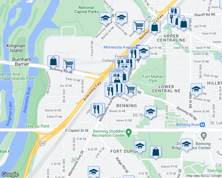 map of restaurants, bars, coffee shops, grocery stores, and more near 3924 Minnesota Avenue Northeast in Washington