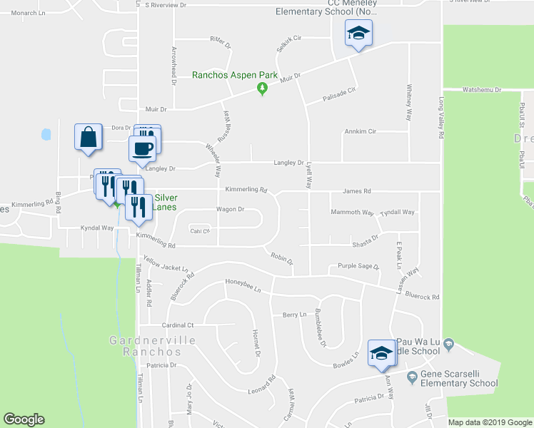 map of restaurants, bars, coffee shops, grocery stores, and more near 810 Wagon Drive in Gardnerville