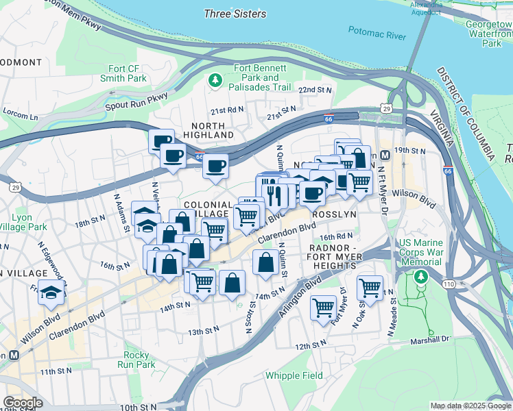 map of restaurants, bars, coffee shops, grocery stores, and more near Queens Lane in Arlington