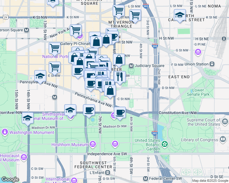 map of restaurants, bars, coffee shops, grocery stores, and more near 6th Street Northwest & Indiana Avenue Northwest in Washington