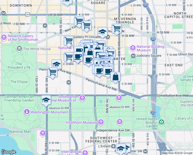 map of restaurants, bars, coffee shops, grocery stores, and more near 801 D Street NW in Washington