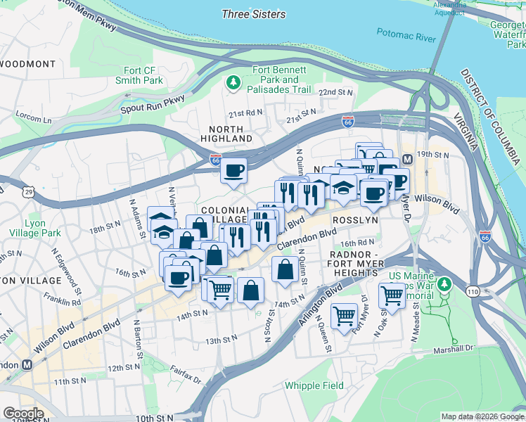 map of restaurants, bars, coffee shops, grocery stores, and more near 101 Independence Avenue Southeast in Washington