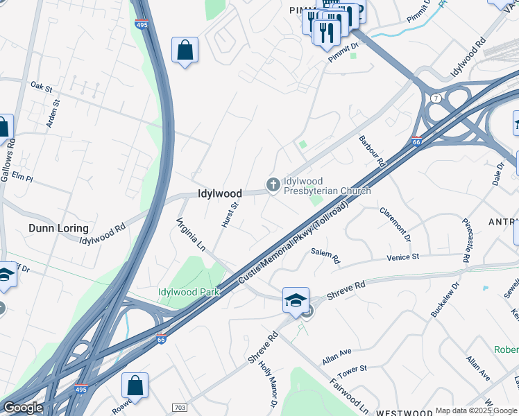 map of restaurants, bars, coffee shops, grocery stores, and more near 2393 Watters Glen Court in Falls Church