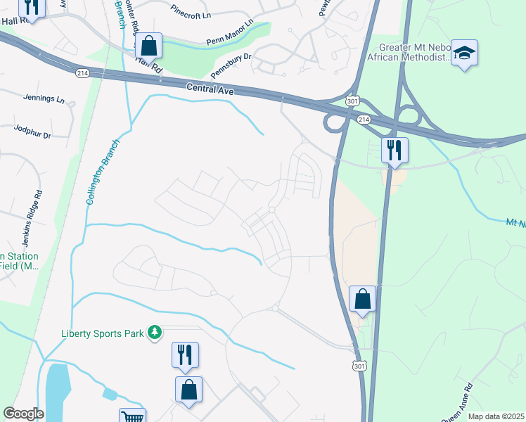 map of restaurants, bars, coffee shops, grocery stores, and more near 303 Summit Point Boulevard in Bowie