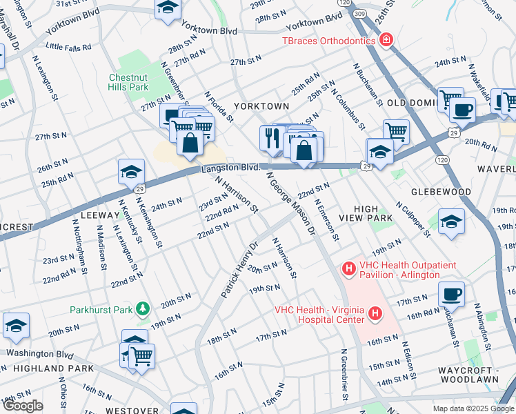 map of restaurants, bars, coffee shops, grocery stores, and more near 2201 North Harrison Street in Arlington