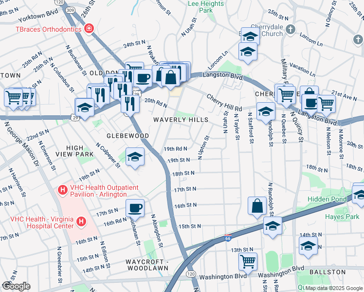 map of restaurants, bars, coffee shops, grocery stores, and more near 4523 19th Road North in Arlington