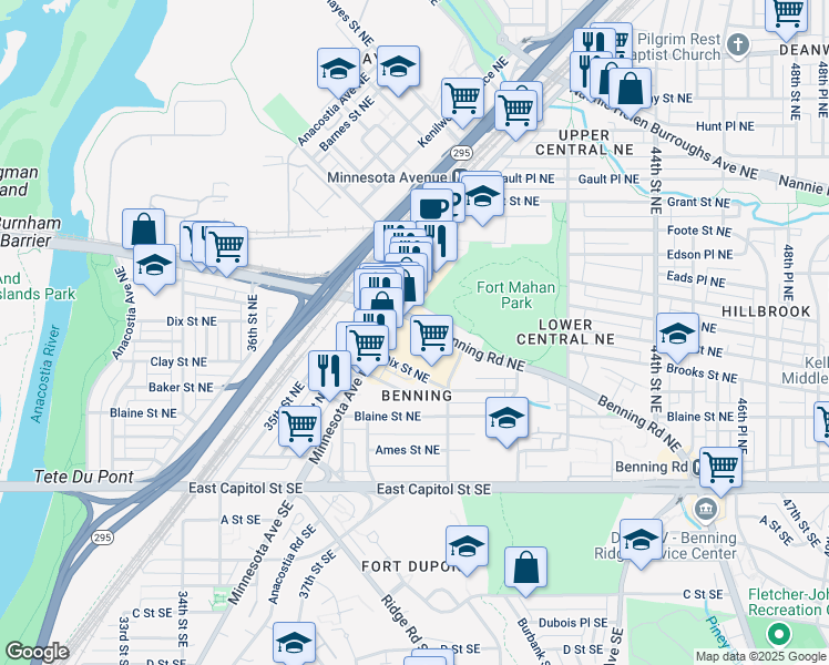 map of restaurants, bars, coffee shops, grocery stores, and more near 3919 Benning Road Northeast in Washington