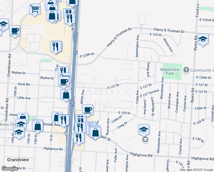 map of restaurants, bars, coffee shops, grocery stores, and more near 6202 East 126th Street in Grandview
