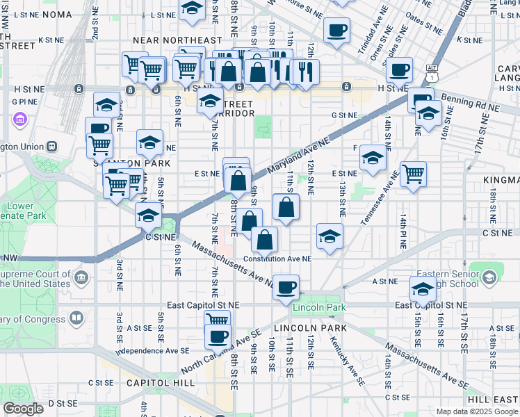 map of restaurants, bars, coffee shops, grocery stores, and more near 901 D Street Northeast in Washington