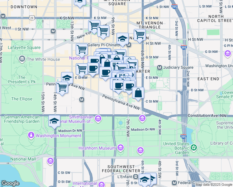 map of restaurants, bars, coffee shops, grocery stores, and more near 801 Pennsylvania Avenue Northwest in Washington