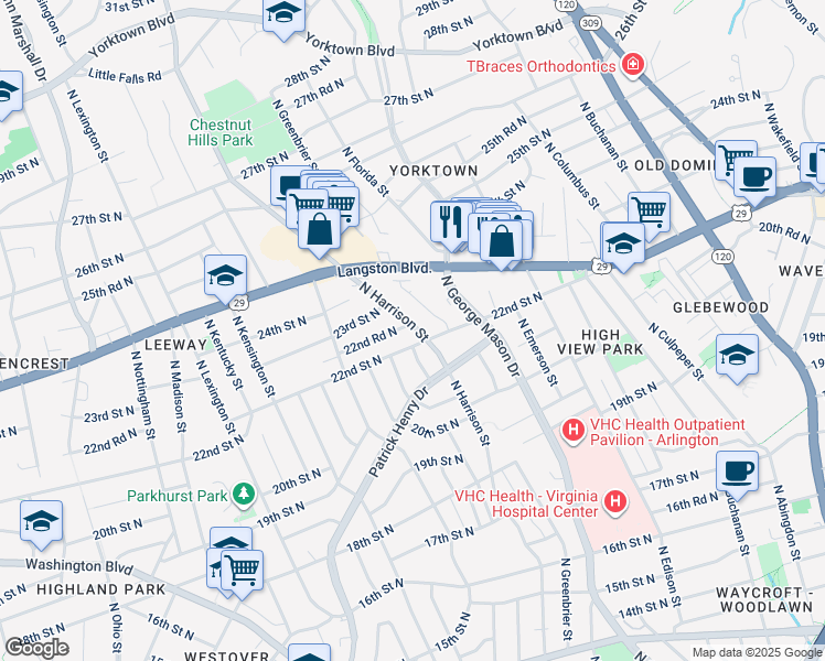 map of restaurants, bars, coffee shops, grocery stores, and more near 5400 22nd Road North in Arlington