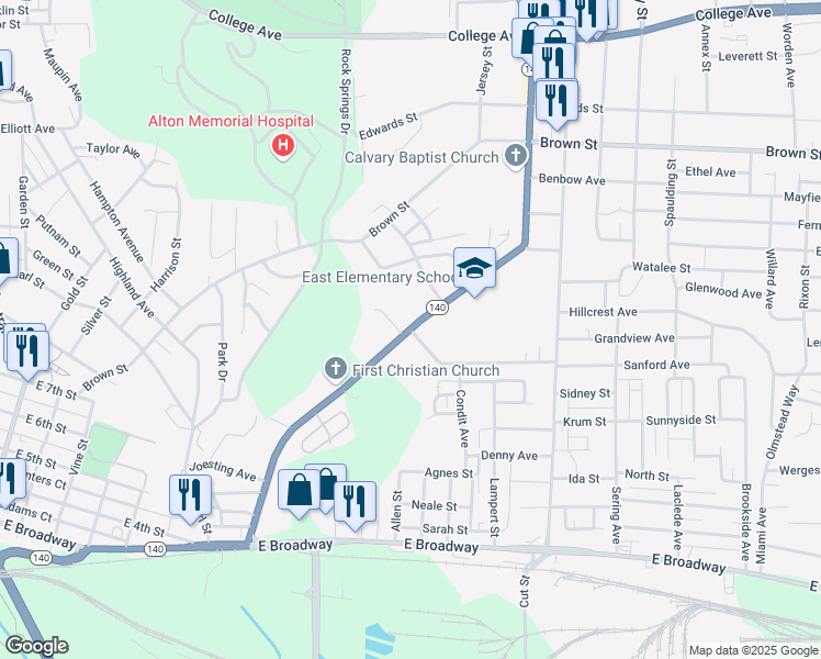map of restaurants, bars, coffee shops, grocery stores, and more near 904 Washington Ave in Alton
