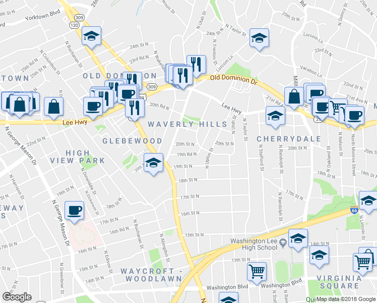 map of restaurants, bars, coffee shops, grocery stores, and more near 4523 19th Road North in Arlington