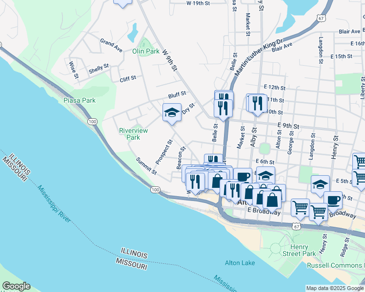 map of restaurants, bars, coffee shops, grocery stores, and more near 700 State Street in Alton
