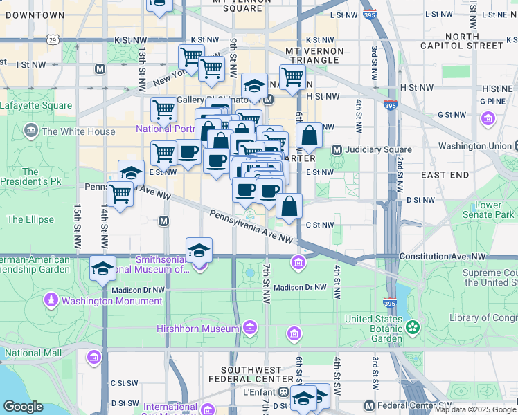 map of restaurants, bars, coffee shops, grocery stores, and more near 701 Pennsylvania Avenue Northwest in Washington