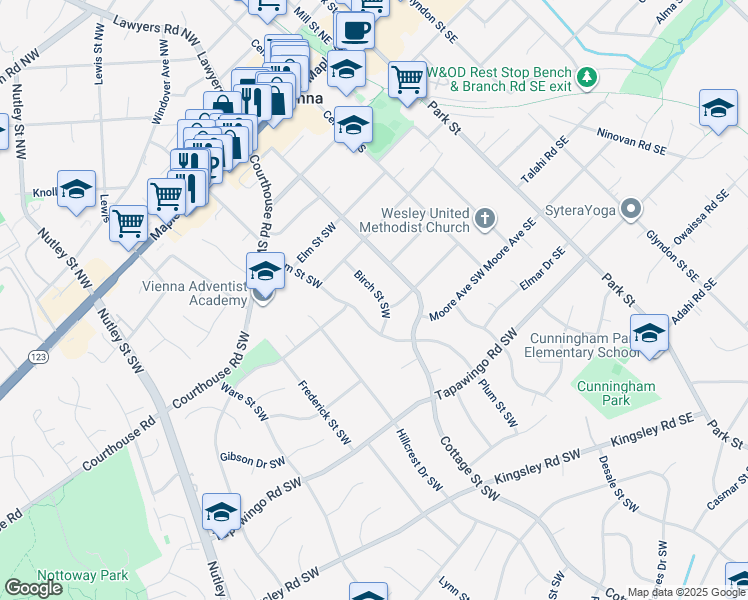 map of restaurants, bars, coffee shops, grocery stores, and more near 606 Birch Street Southwest in Vienna