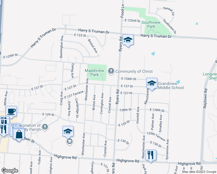 map of restaurants, bars, coffee shops, grocery stores, and more near 7300 East 127 Street in Grandview