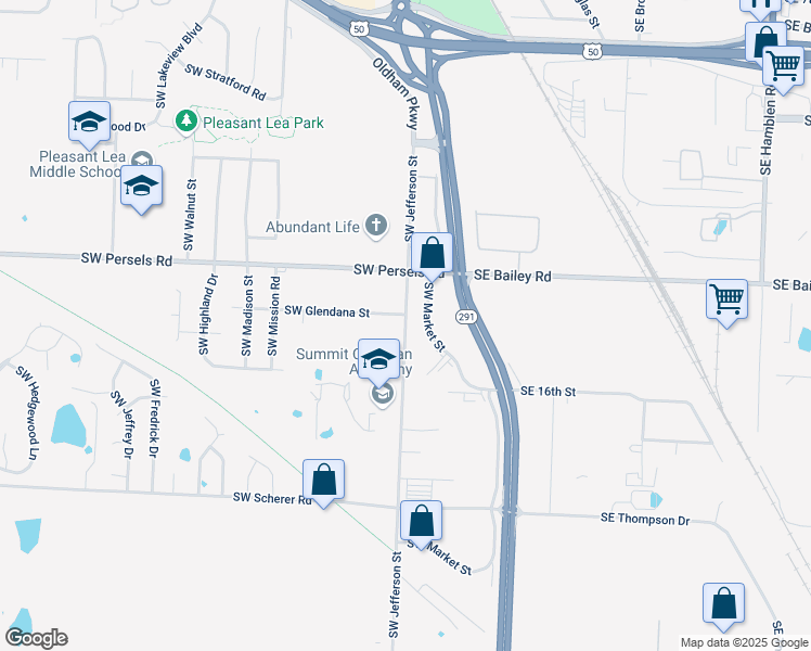 map of restaurants, bars, coffee shops, grocery stores, and more near 1426 Southwest Jefferson Street in Lee's Summit