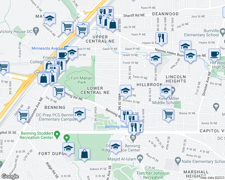 map of restaurants, bars, coffee shops, grocery stores, and more near 4242 Clay Street Northeast in Washington