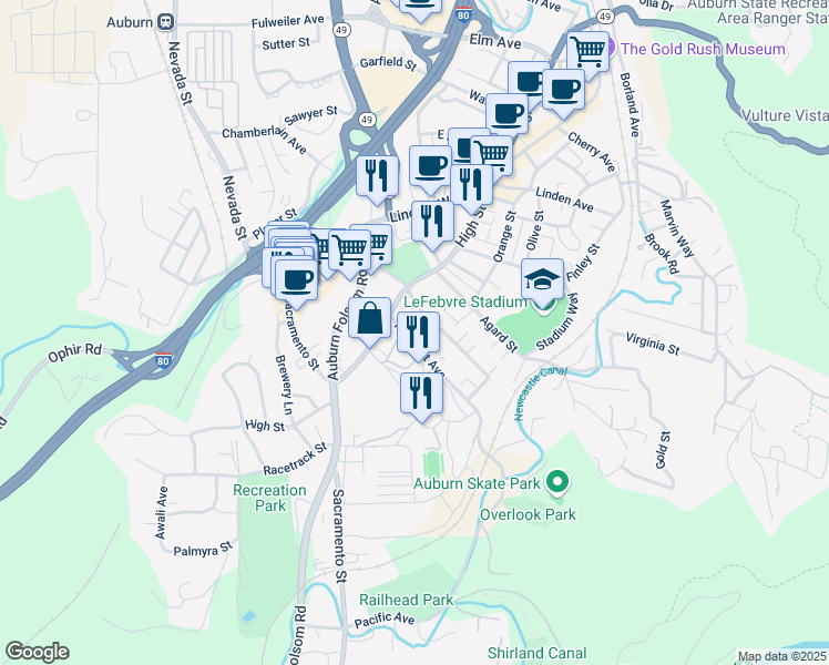 map of restaurants, bars, coffee shops, grocery stores, and more near 121 Pleasant Avenue in Auburn