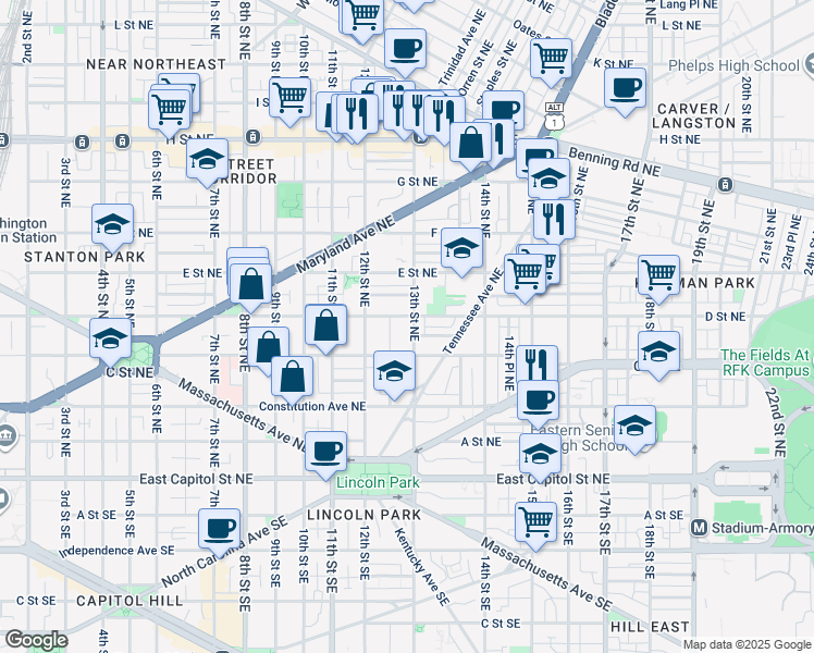 map of restaurants, bars, coffee shops, grocery stores, and more near 334 13th Street Northeast in Washington