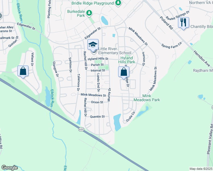 map of restaurants, bars, coffee shops, grocery stores, and more near 43567 Kiplington Square in Chantilly