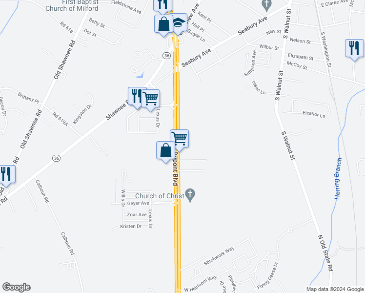 map of restaurants, bars, coffee shops, grocery stores, and more near 835 South Dupont Boulevard in Milford