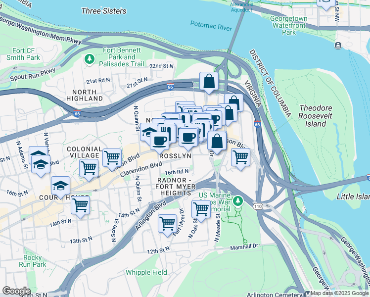 map of restaurants, bars, coffee shops, grocery stores, and more near 1500 Wilson Boulevard in Arlington