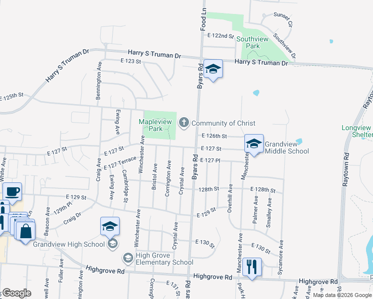 map of restaurants, bars, coffee shops, grocery stores, and more near 7300 East 127 Street in Grandview