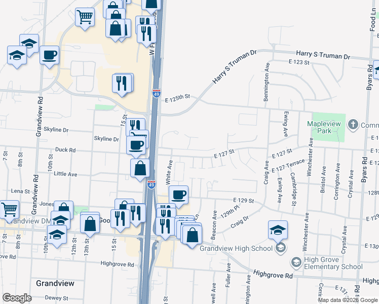 map of restaurants, bars, coffee shops, grocery stores, and more near 6102 East 126th Street in Grandview