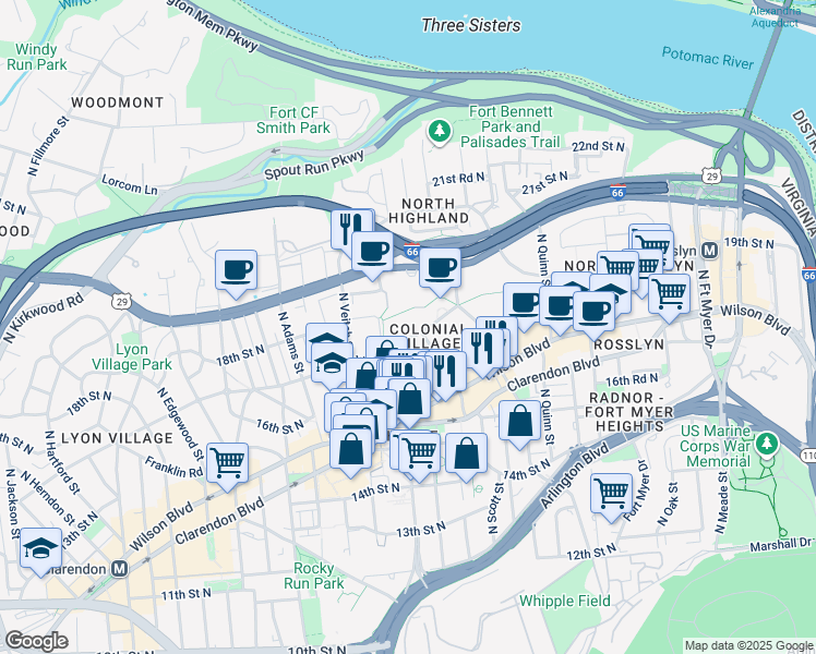 map of restaurants, bars, coffee shops, grocery stores, and more near 1913 Key Boulevard in Arlington