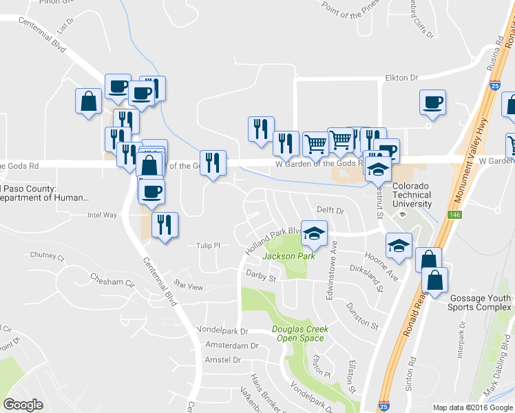 map of restaurants, bars, coffee shops, grocery stores, and more near 4301 Forrest Hill Road in Colorado Springs