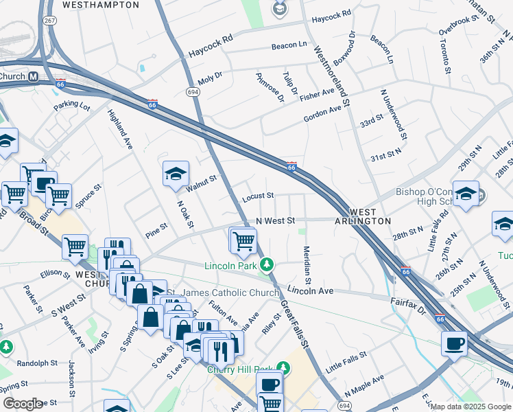 map of restaurants, bars, coffee shops, grocery stores, and more near 2350 Brilyn Place in Falls Church