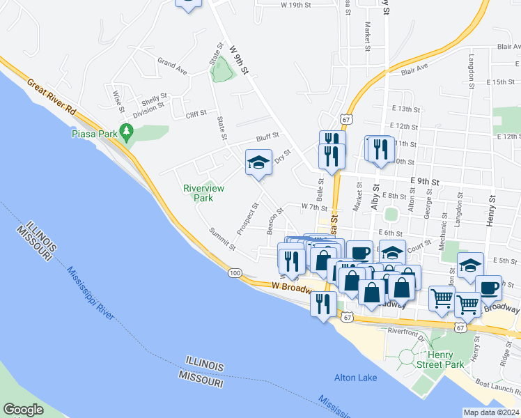 map of restaurants, bars, coffee shops, grocery stores, and more near 700 State Street in Alton